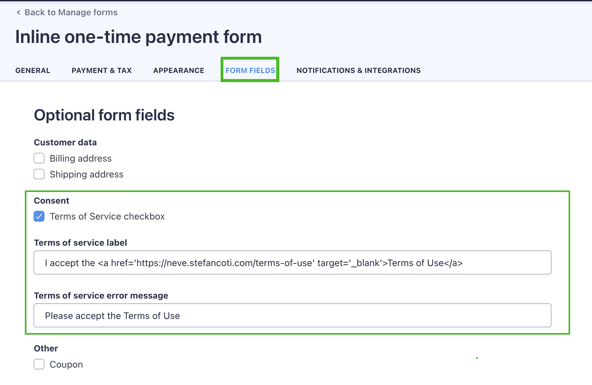 Terms of Service checkbox enabled with a custom label in the WP Full Pay form editor