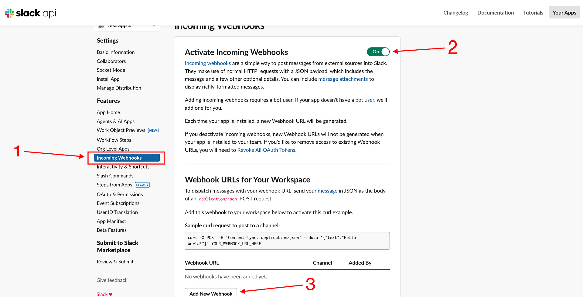 Enable Incoming Webhooks in Slack app settings