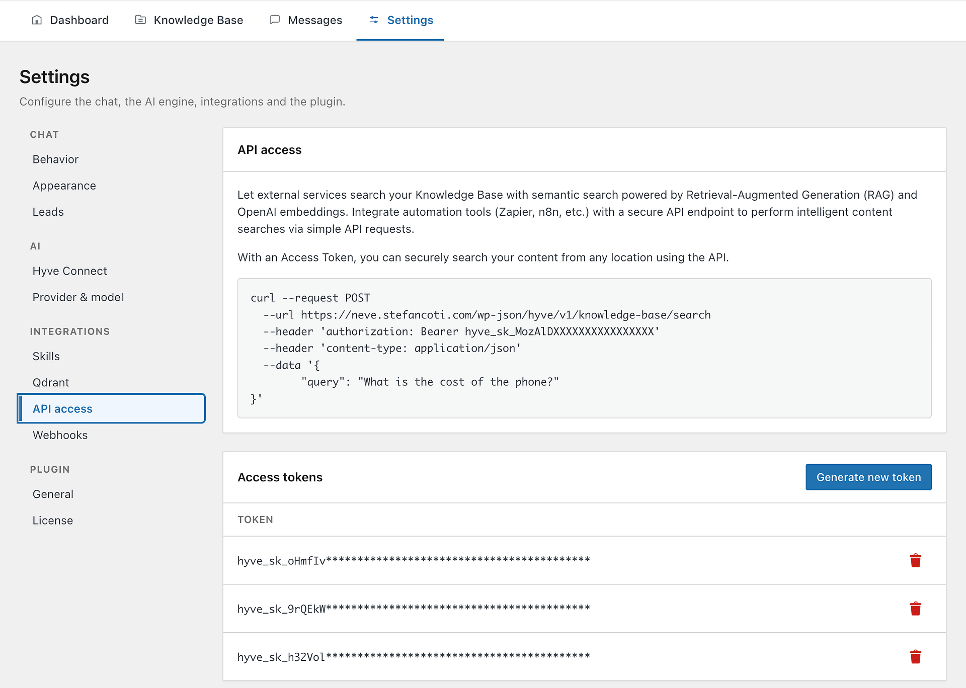 Hyve > Settings > Integrations > API access, showing the endpoint and the access token list