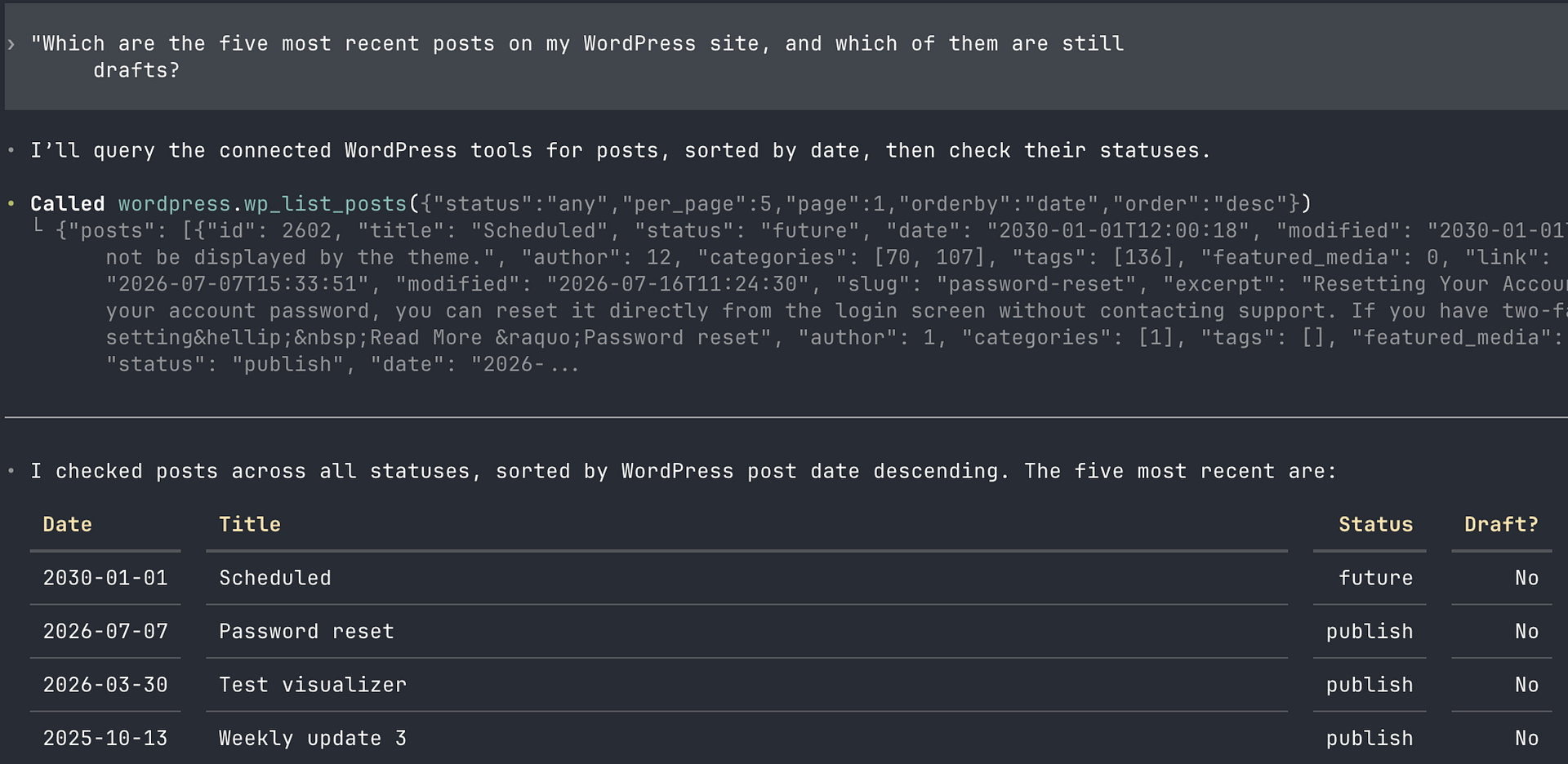 A terminal running Codex with the WordPress MCP tools responding to a prompt