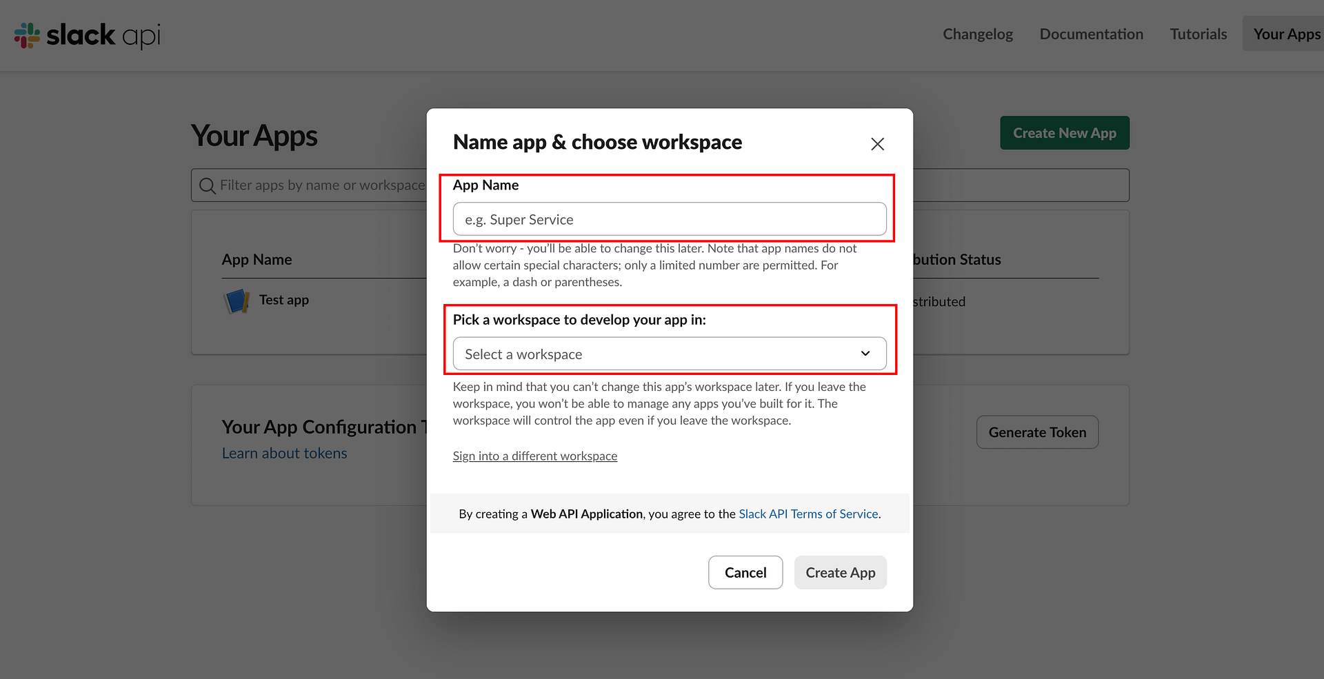 Slack app setup screen for app name and workspace selection