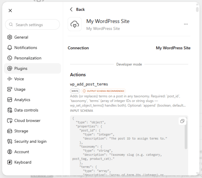 The WordPress connector page in ChatGPT showing the available tools under Actions