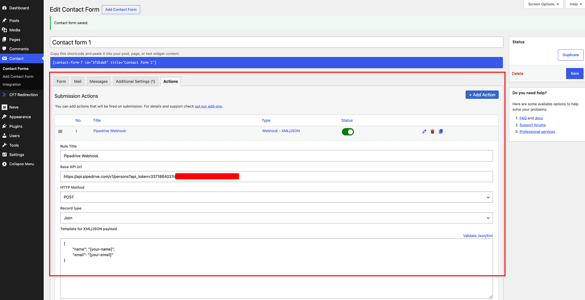 RCF7 form action configuration for Pipedrive