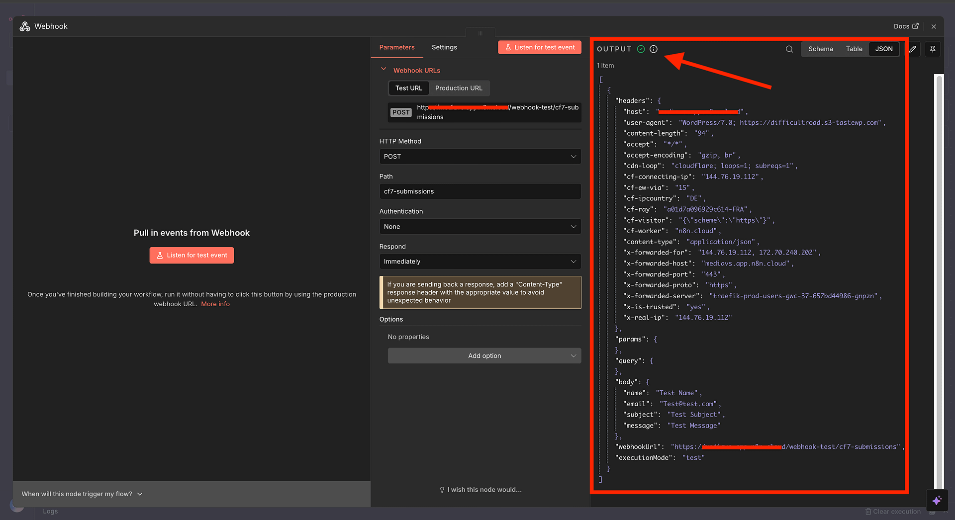 n8n Webhook node output showing received form data fields