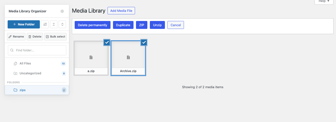 ZIP Addon: Grid View: Bulk Action: Unzip