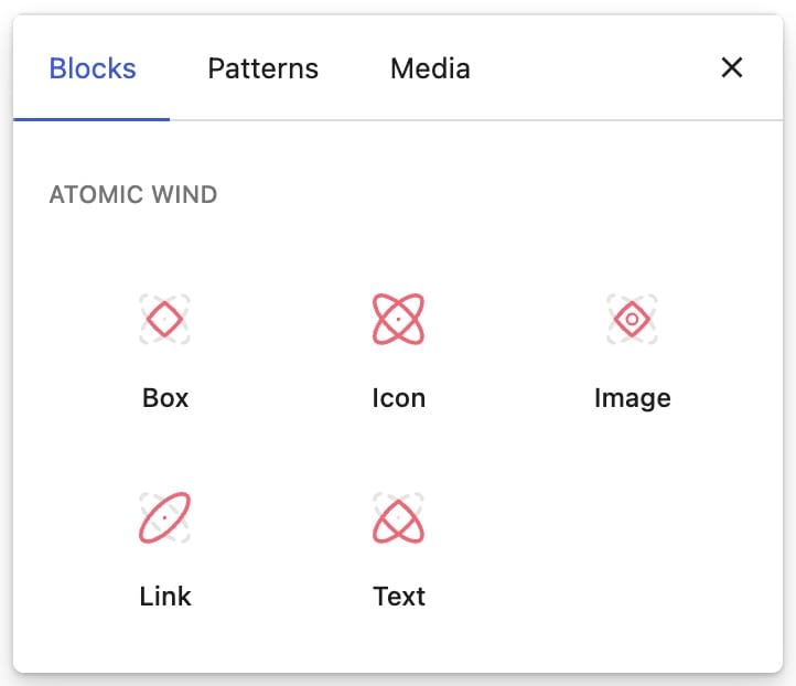 Screenshot: Gutenberg block inserter showing the "Atomic Wind" block category and its five blocks