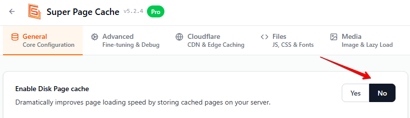 Super Page Cache General tab with "Enable Disk Page Cache" disabled