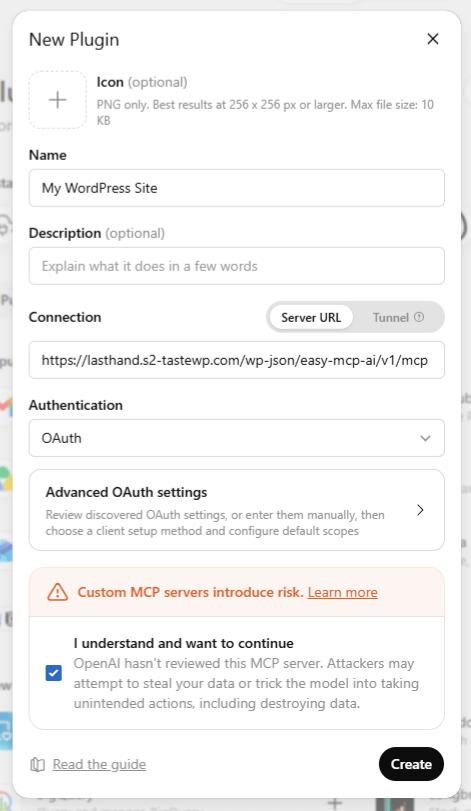ChatGPT's New Plugin form filled in with the WordPress name, the MCP endpoint URL, and OAuth authentication