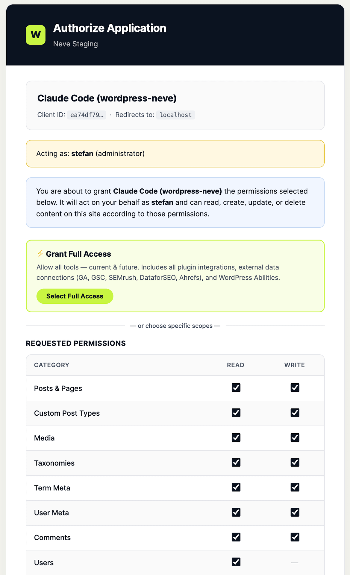 The /mcp menu in Claude Code showing the wordpress server with the Authenticate option