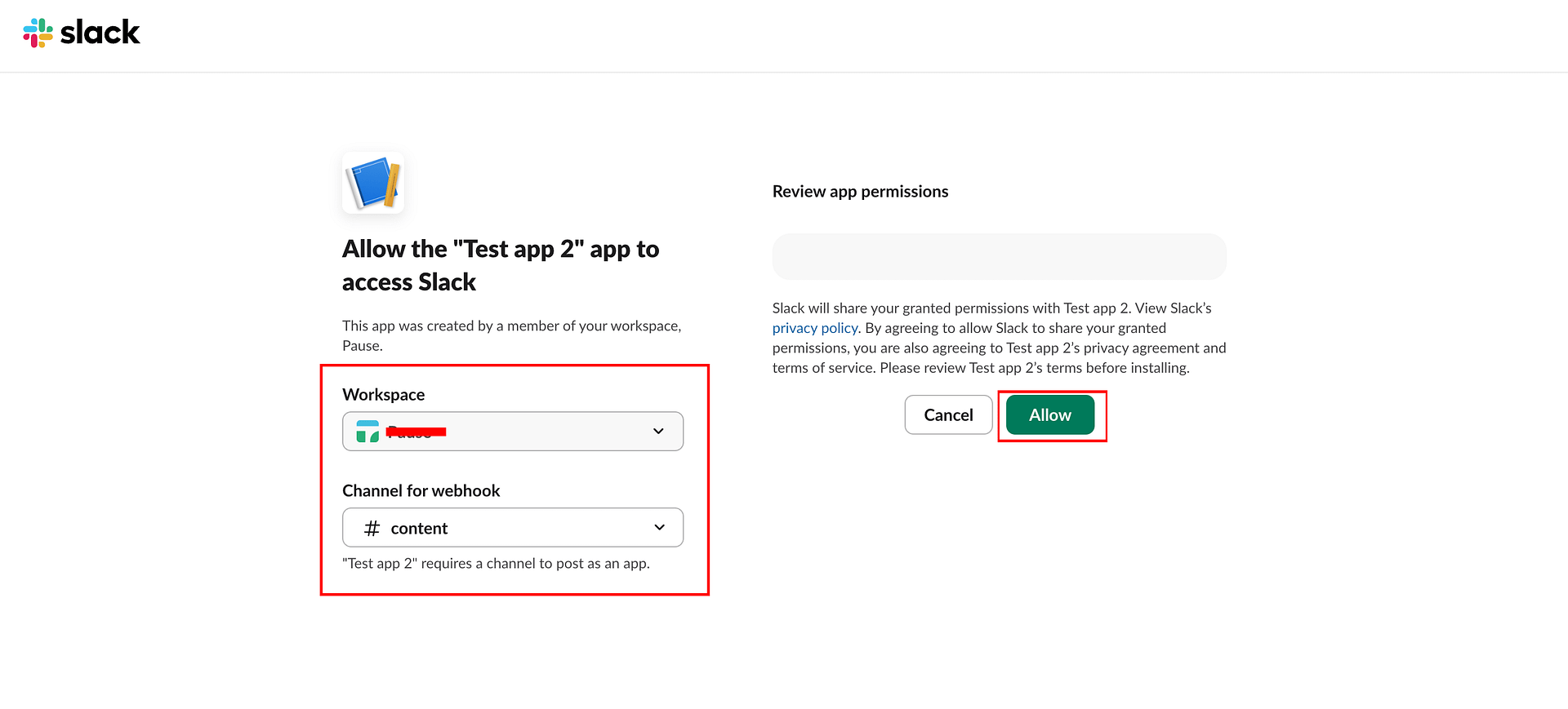 Allow Slack app access to selected channel