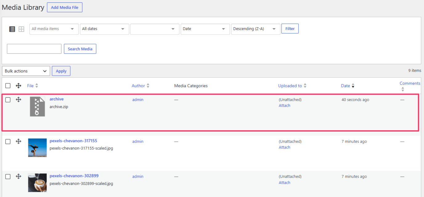archive.zip in the Media Library with the Download File option