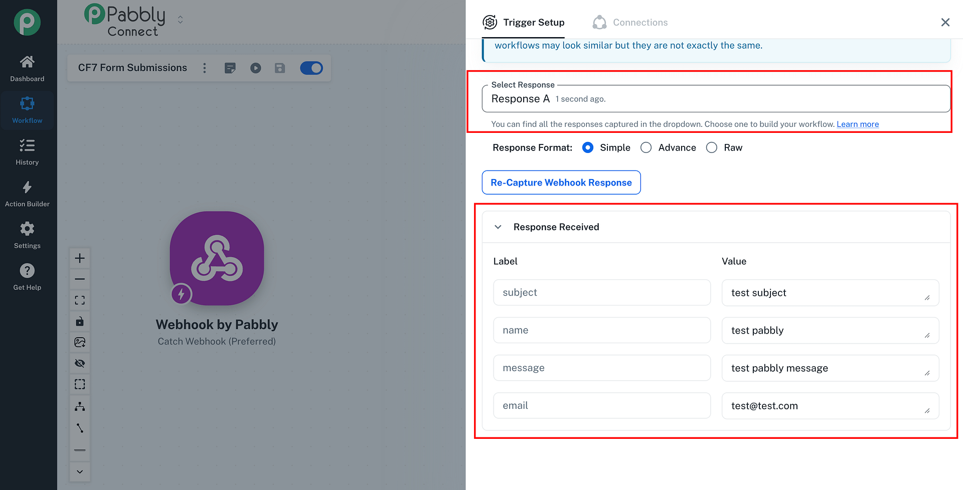 Pabbly Connect showing the received test response from the form submission