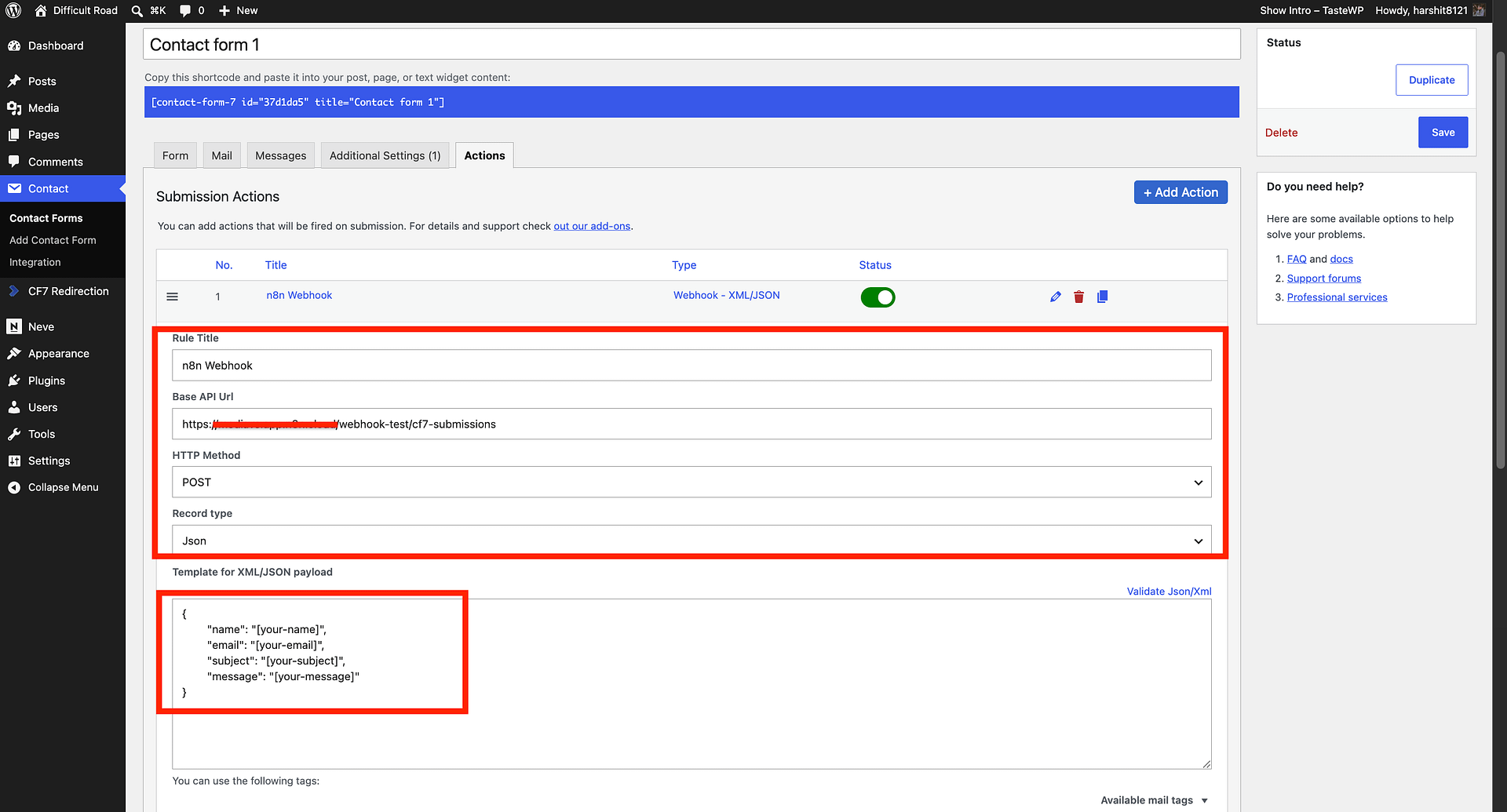 RCF7 Webhook action with Base API URL, HTTP Method, and Record Type fields filled in