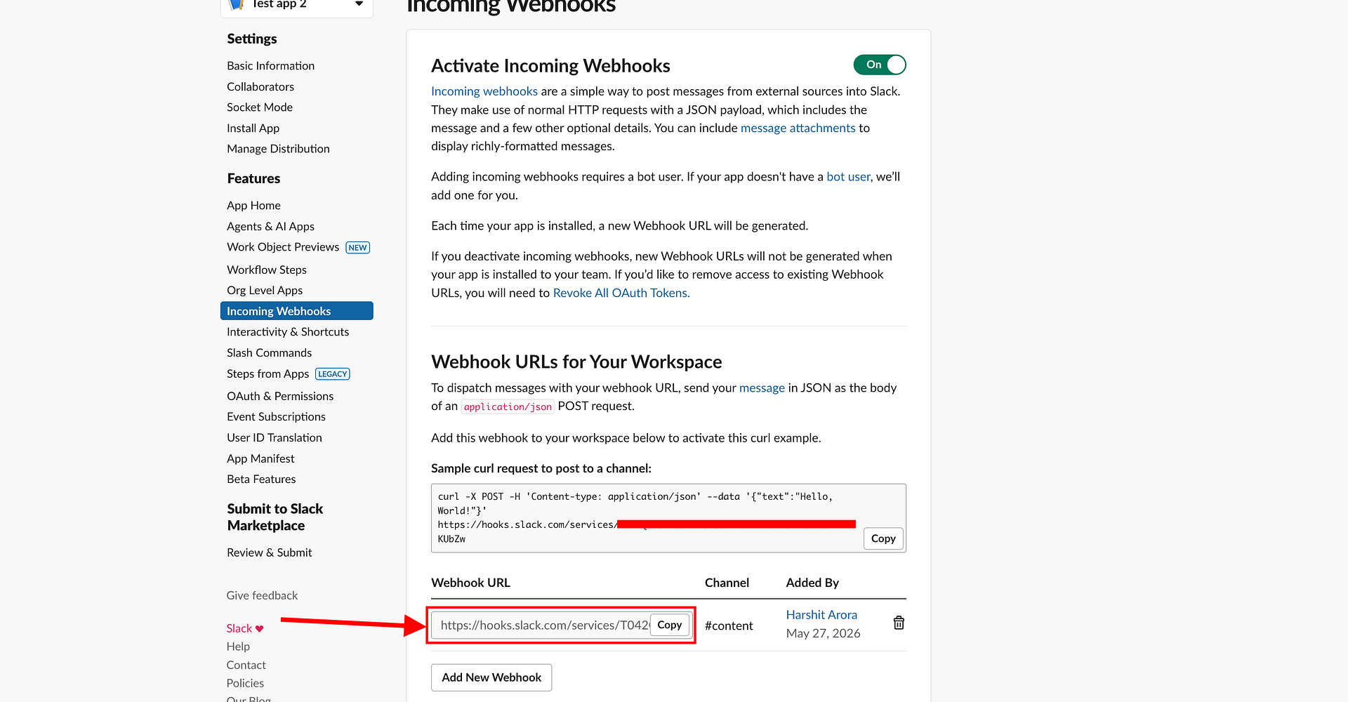 Copy Slack incoming webhook URL