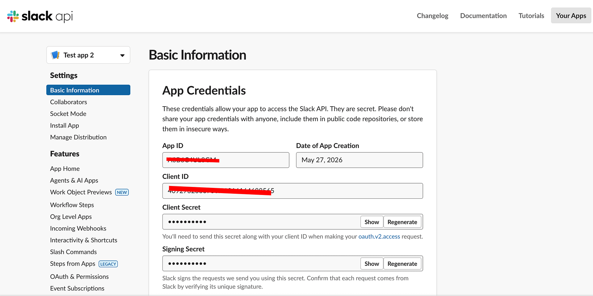 Slack app basic information screen