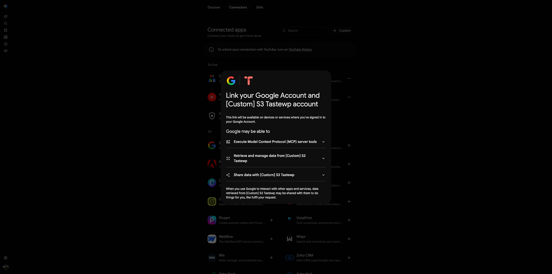 Google's Link your Google Account screen for a custom account, listing that Google may execute the MCP server's tools, retrieve and manage its data, and share data with it