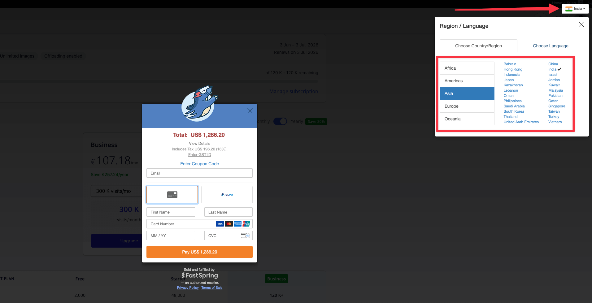 Screenshot: FastSpring checkout pop-up with the country dropdown selector highlighted in the top-right corner