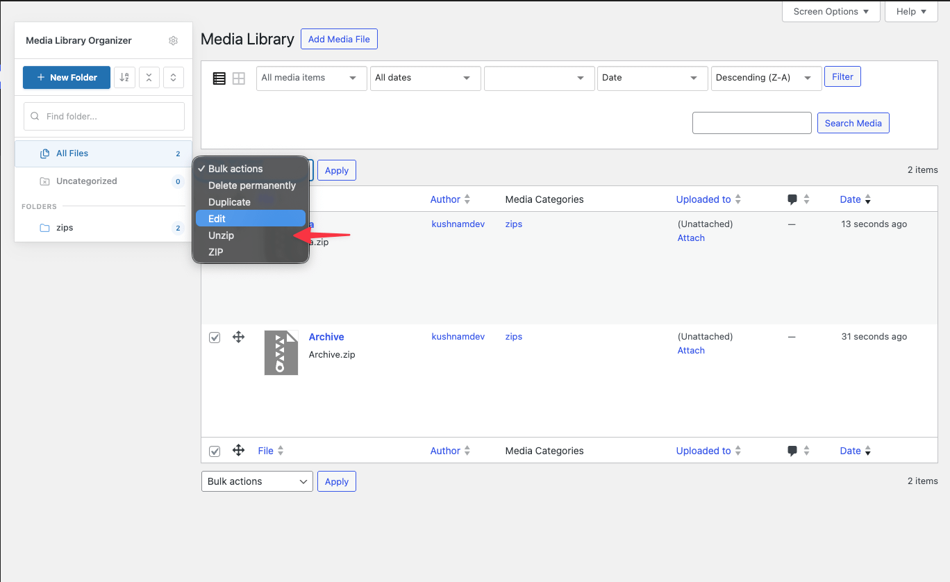 ZIP Addon: List View: Bulk Action: Unzip