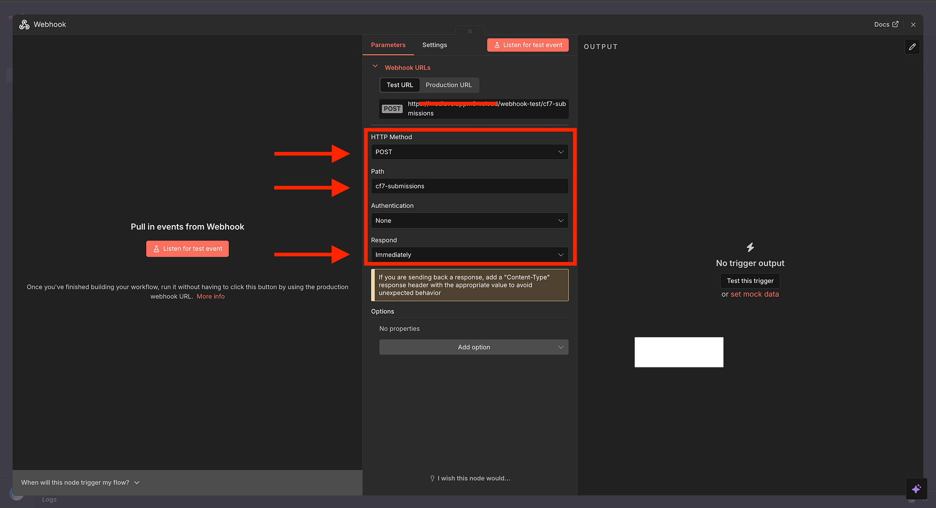 n8n Webhook node settings panel with HTTP Method set to POST