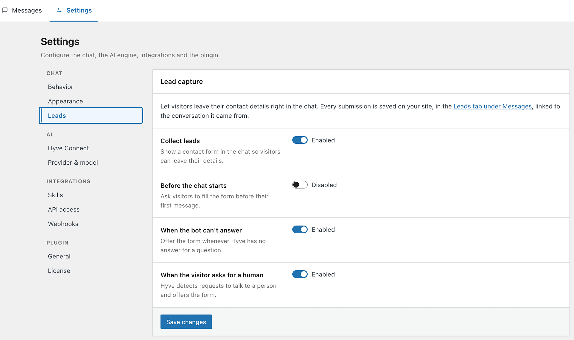 The Hyve Settings screen with Chat > Leads selected in the sidebar, showing the Collect leads toggle enabled, the three trigger options, and the Form fields table below.