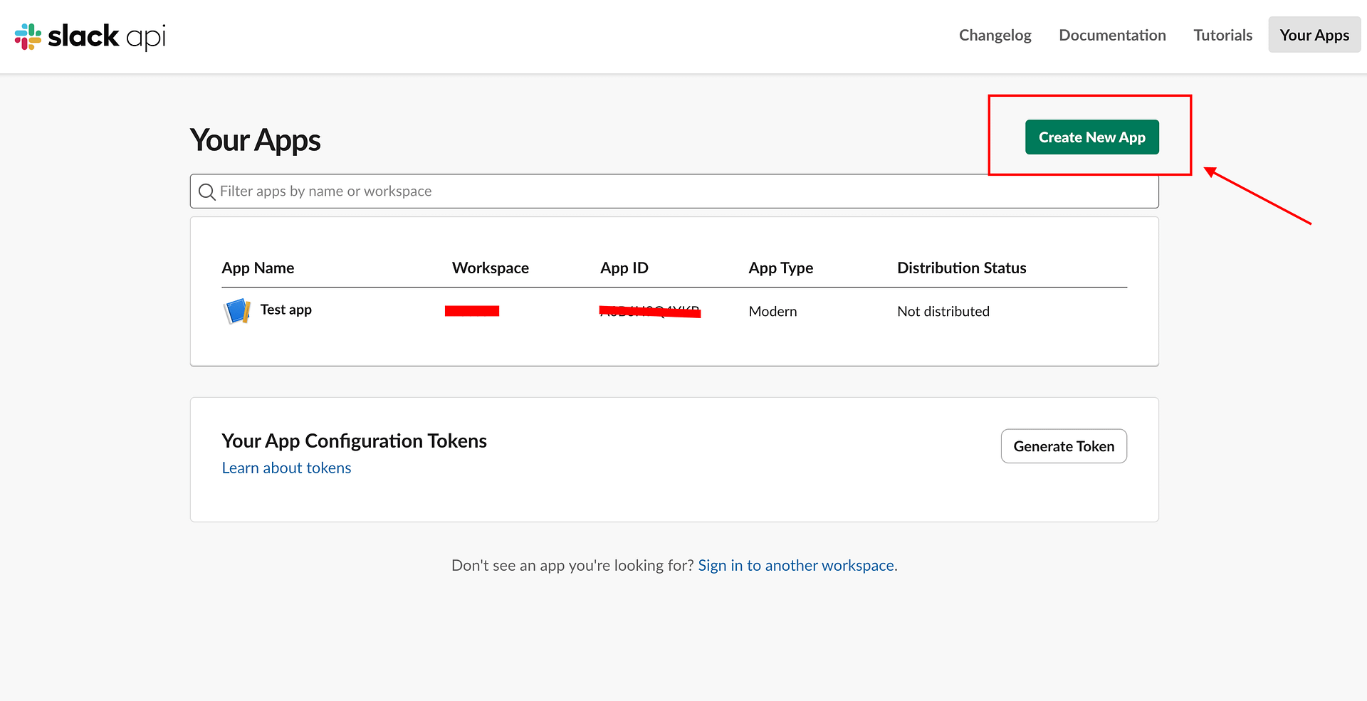 Slack apps page with Create New App button