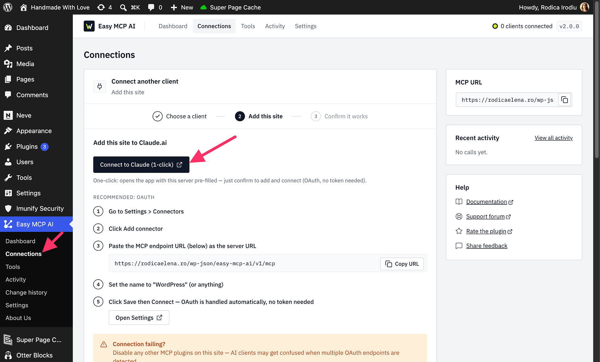 Claude.ai's add connector dialog pre-filled with the WordPress server name and MCP endpoint URL