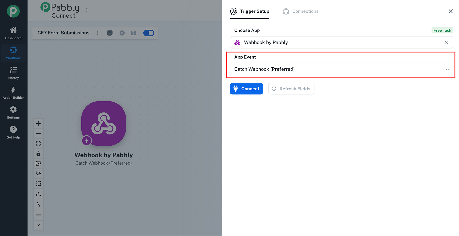 Pabbly Connect App Event set to Catch Webhook