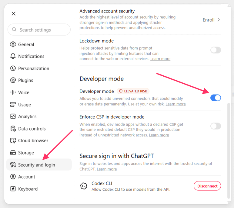 The Developer mode toggle in ChatGPT's Security and login settings