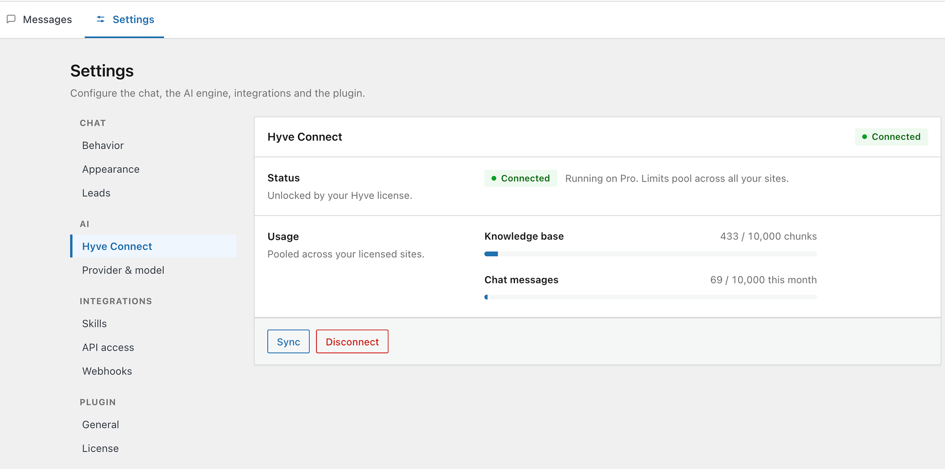 Hyve > Settings > AI > Hyve Connect, showing the hosted mode toggle and its usage summary