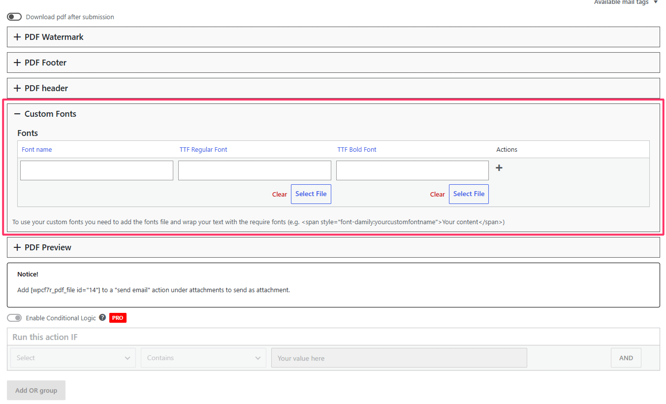 Screenshot: Custom Fonts section in the Create PDF action with Font name, TTF Regular Font, and TTF Bold Font fields