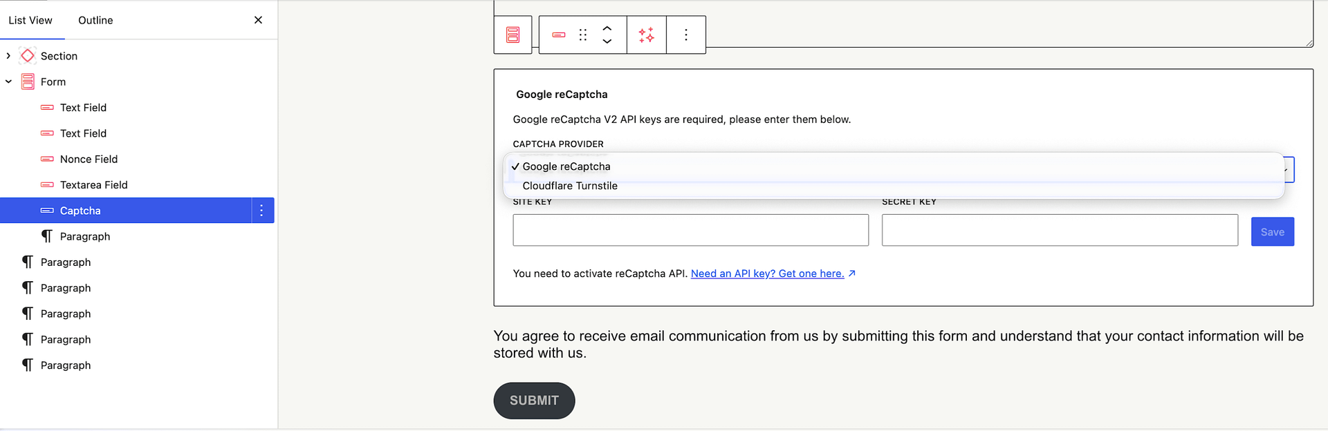 Form block with a Captcha block showing Cloudflare Turnstile as the provider