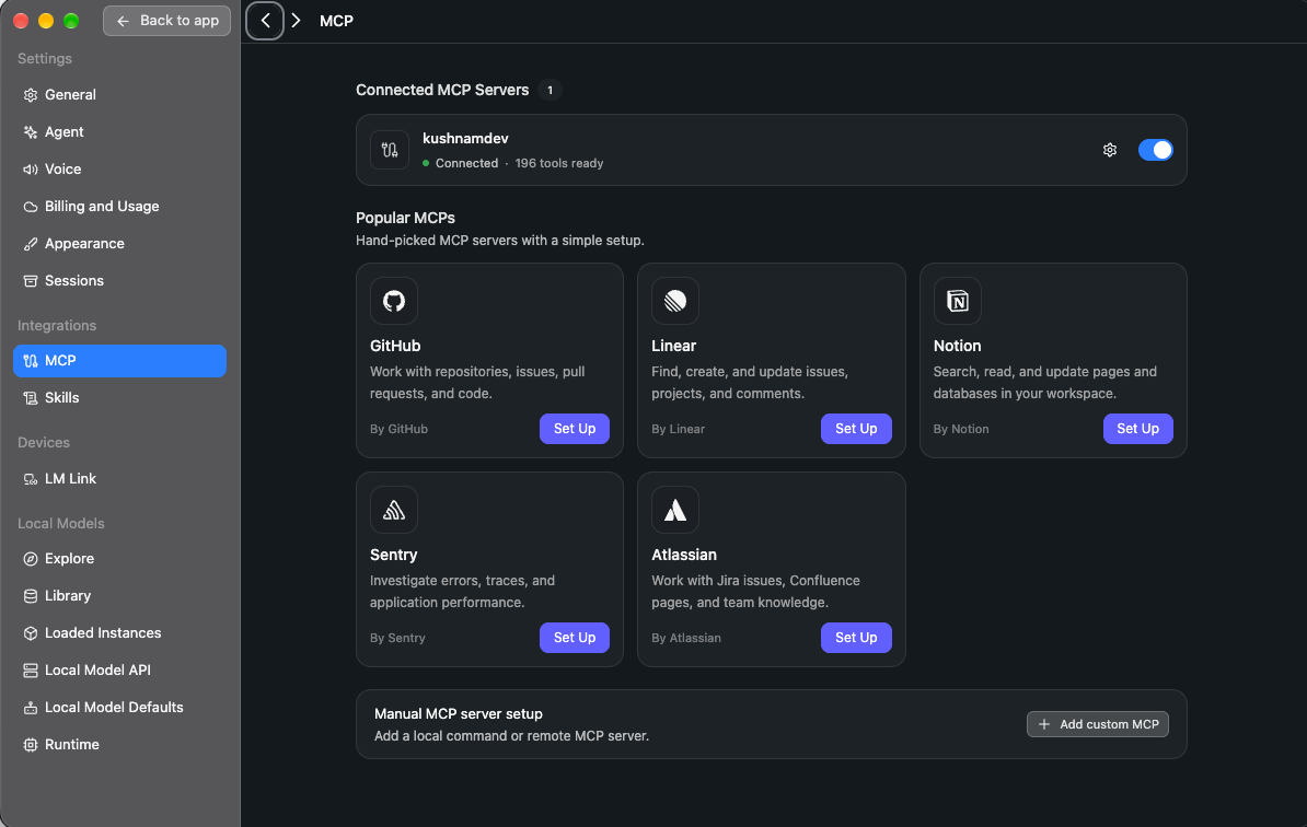 Screenshot: LM Studio's Custom MCP form with the Name, Connection, Server address, and Authentication fields