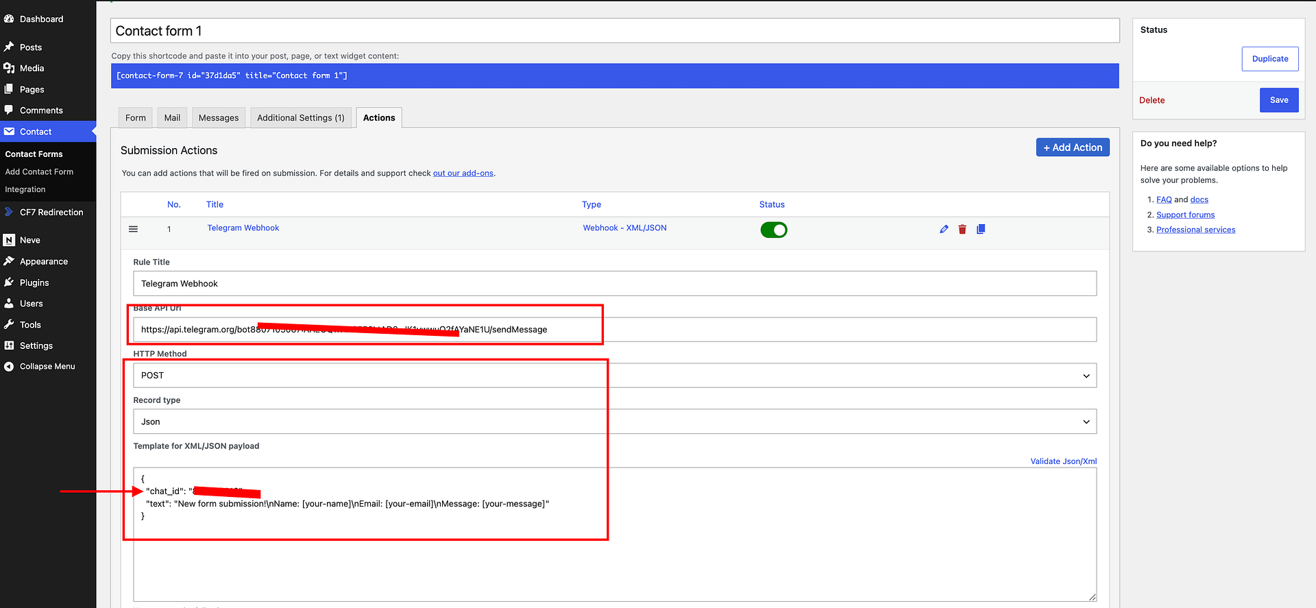 RCF7 webhook settings for Telegram integration