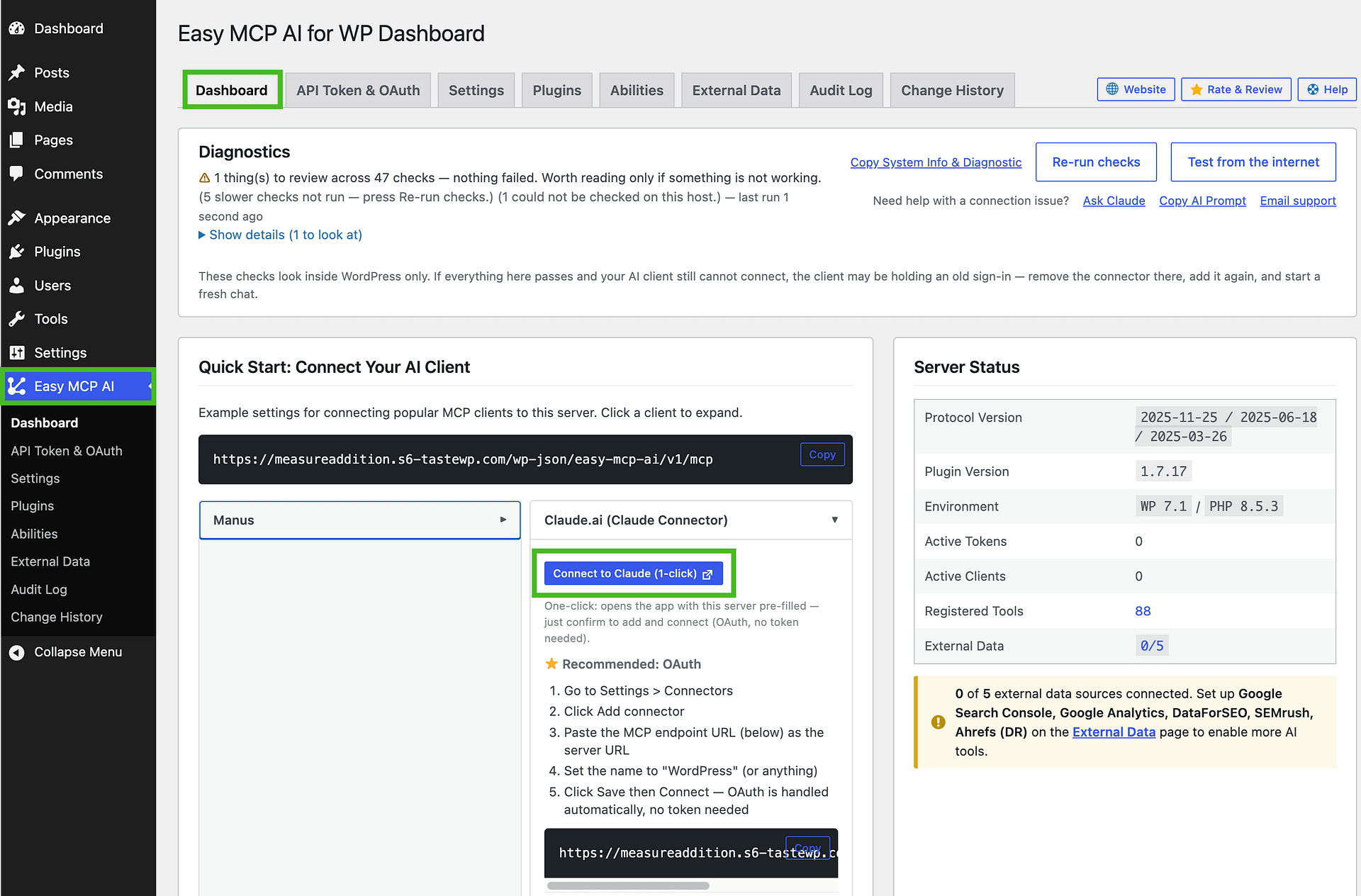 Claude.ai's add connector dialog pre-filled with the WordPress server name and MCP endpoint URL