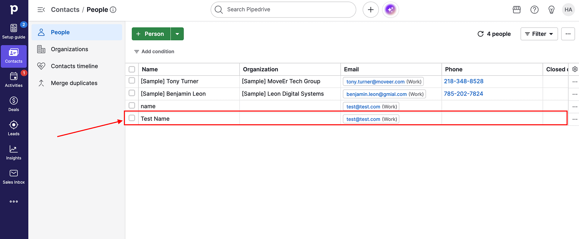 Pipedrive test results after form submission