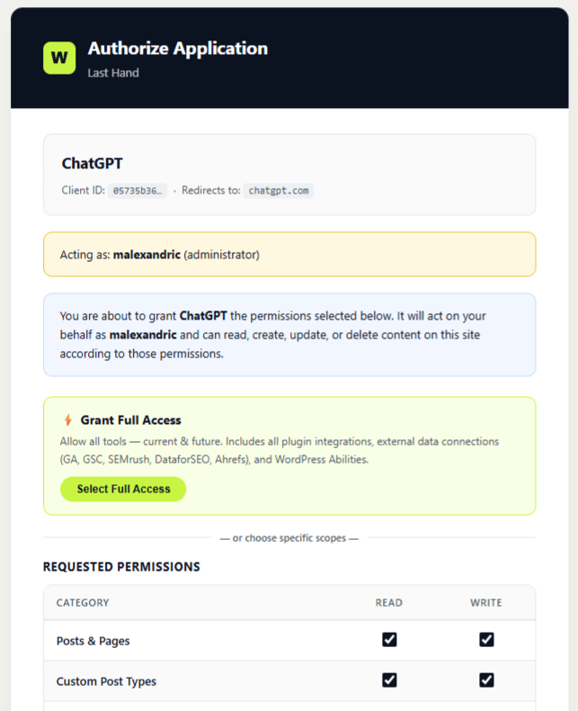 The WordPress OAuth authorization screen asking to approve the ChatGPT connection