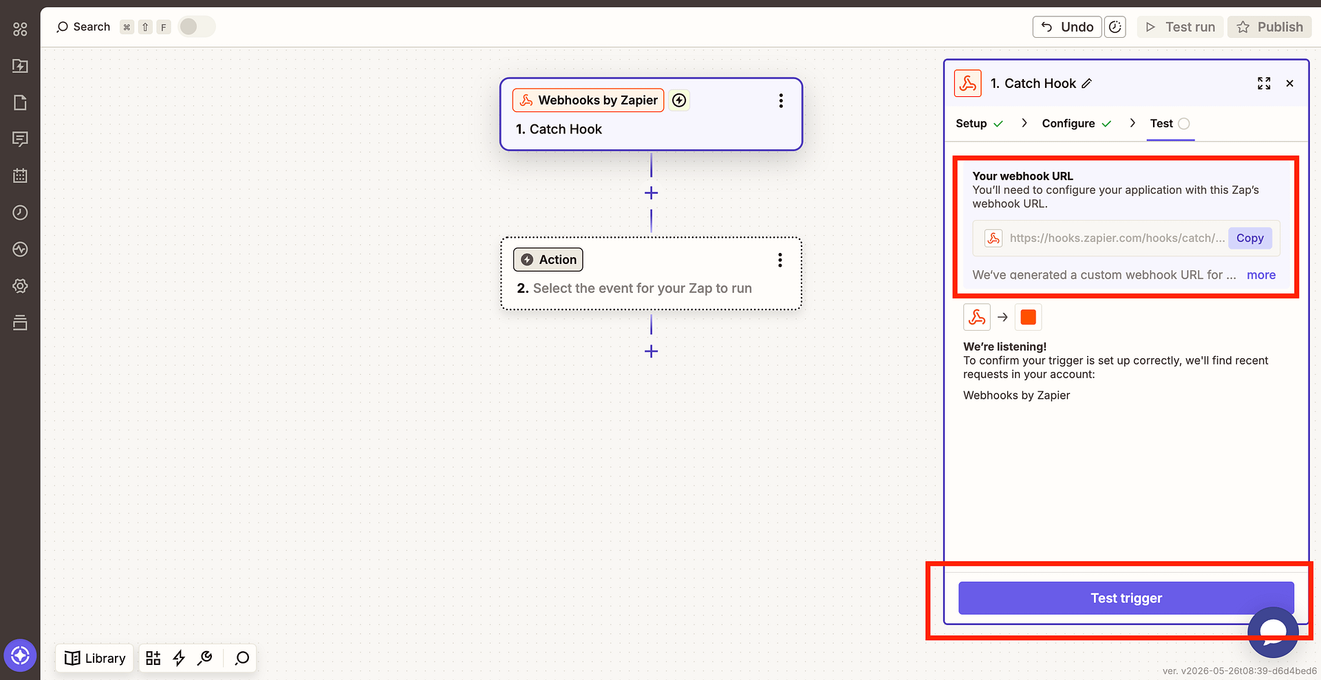 Zapier webhook URL field with copy button highlighted