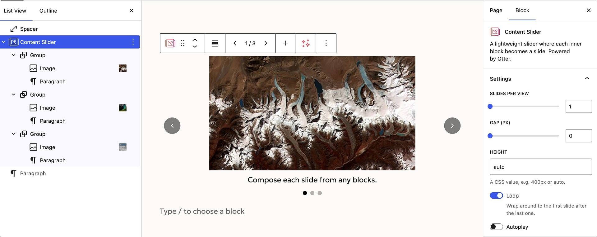 Screenshot: Content Slider selected in the WordPress editor, showing the block toolbar with Previous slide, Slide x of y, Next slide, and Add slide controls, plus at least two slides with different inner blocks
