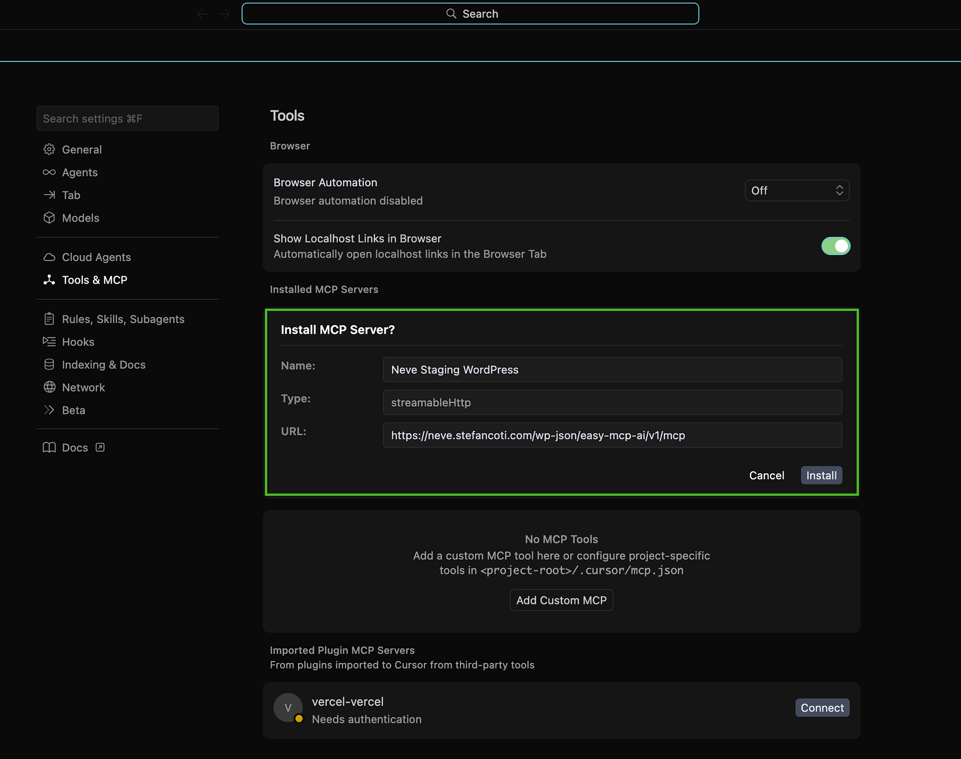 Cursor's install prompt showing the pre-filled WordPress MCP server