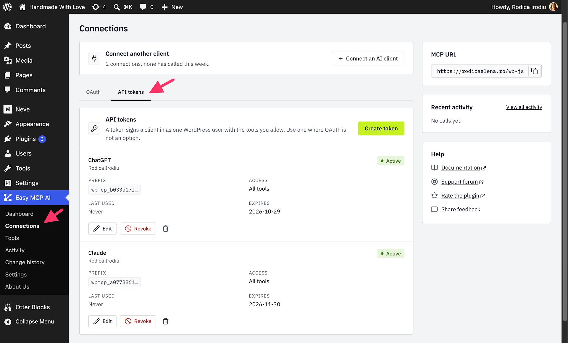 The token list table showing tokens with their status badges and Edit, Revoke, and Delete actions