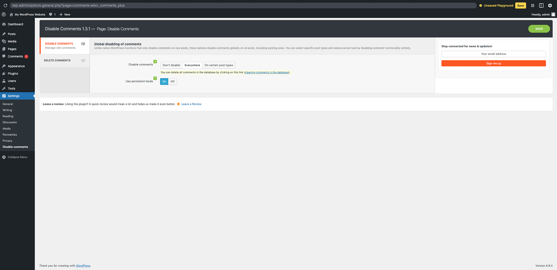 Screenshot of the Disable Comments settings with Everywhere option selected