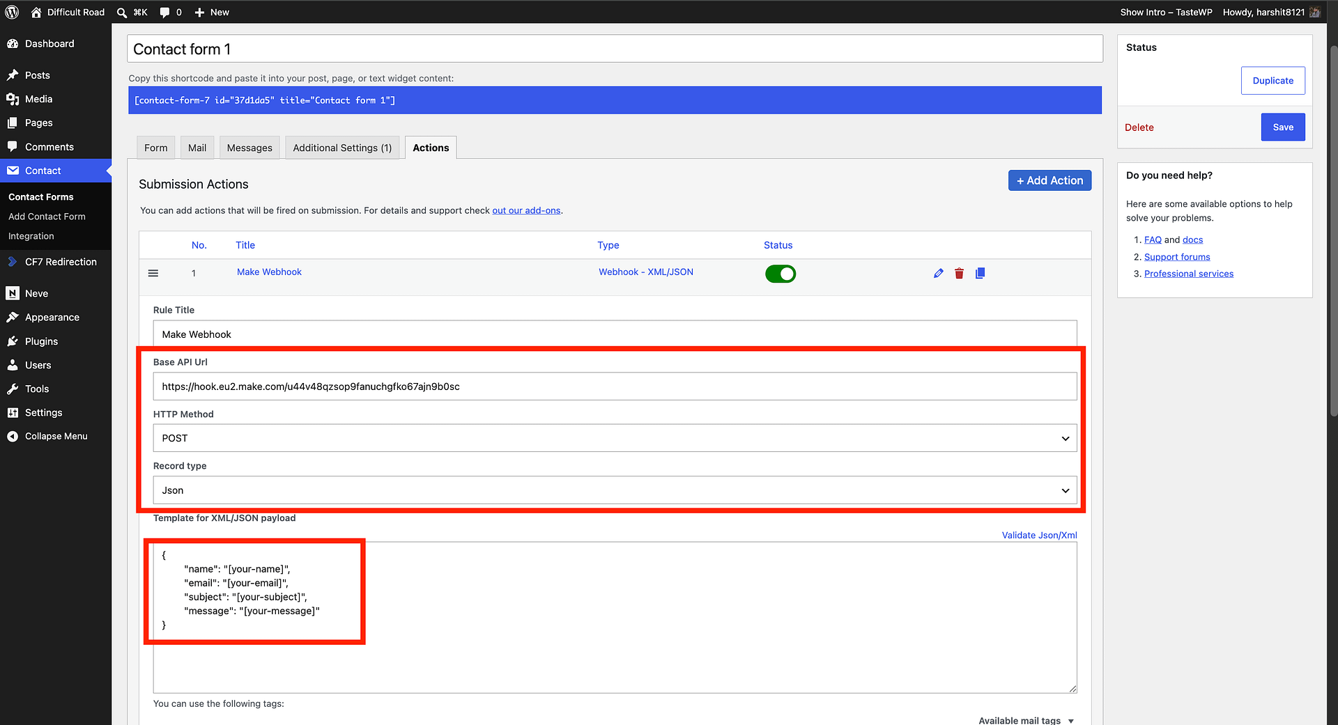 RCF7 Webhook action with Base API URL, HTTP Method, and Record Type fields filled in