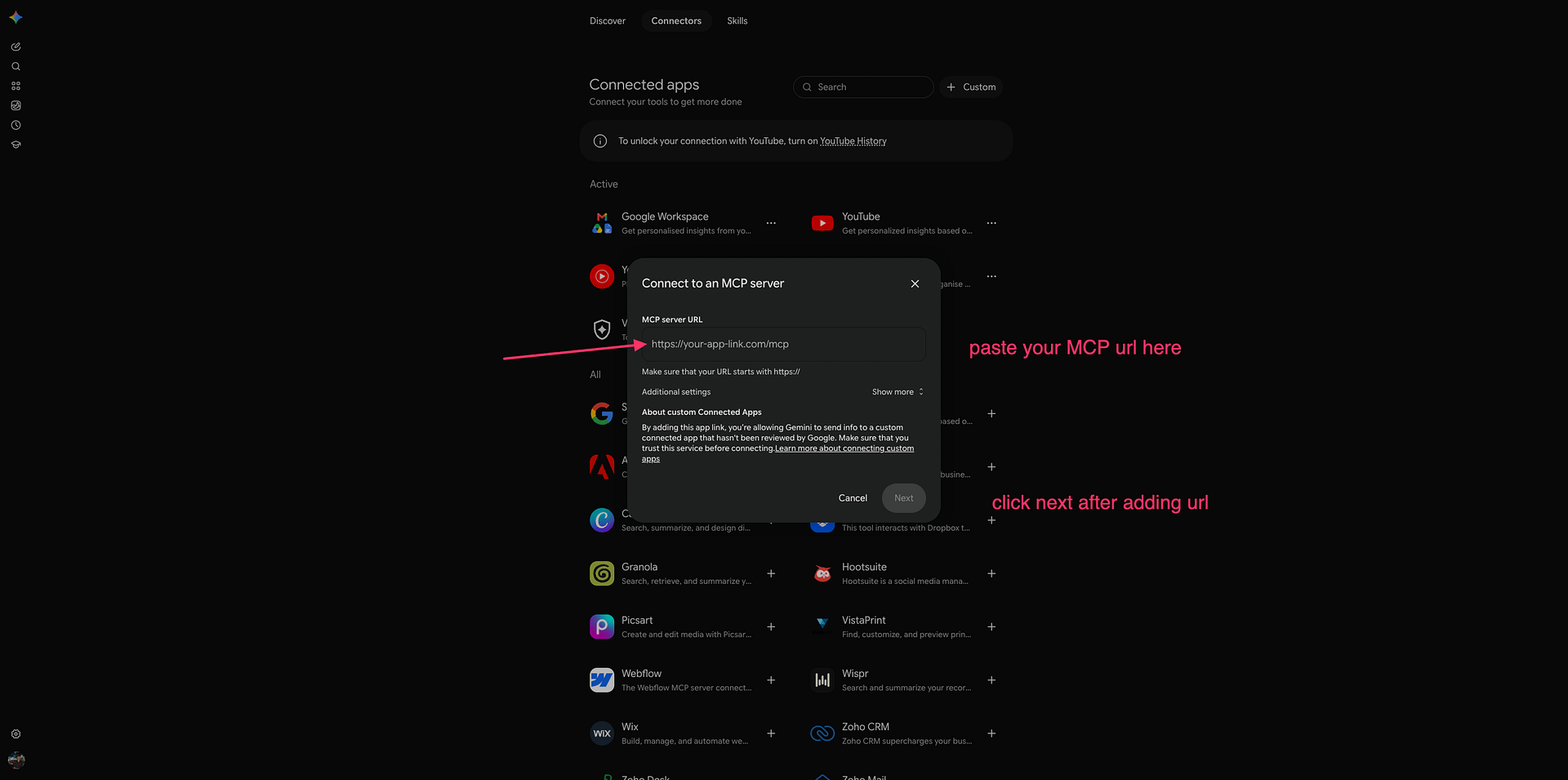 Gemini's Connect to an MCP server window, with the MCP server URL field where the site's MCP endpoint URL goes and the Next button