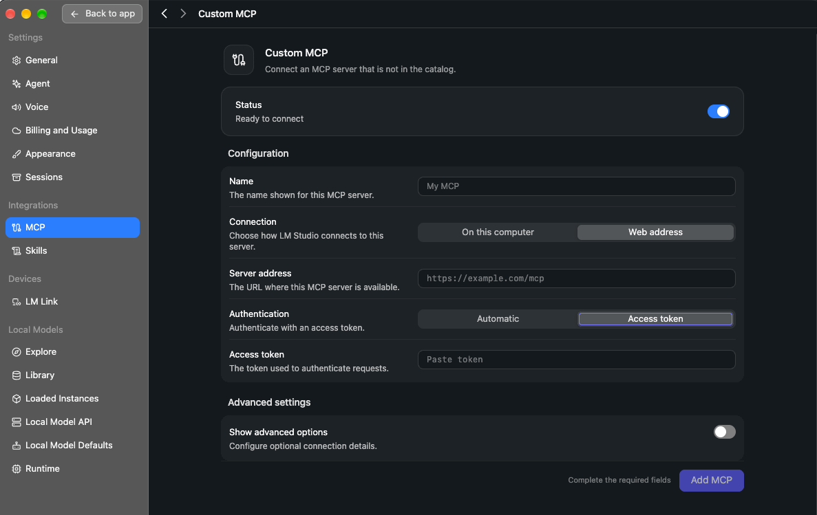 Screenshot: LM Studio Settings > MCP showing the WordPress server under Connected MCP Servers with a Connected status, its tool count, and the toggle switched on