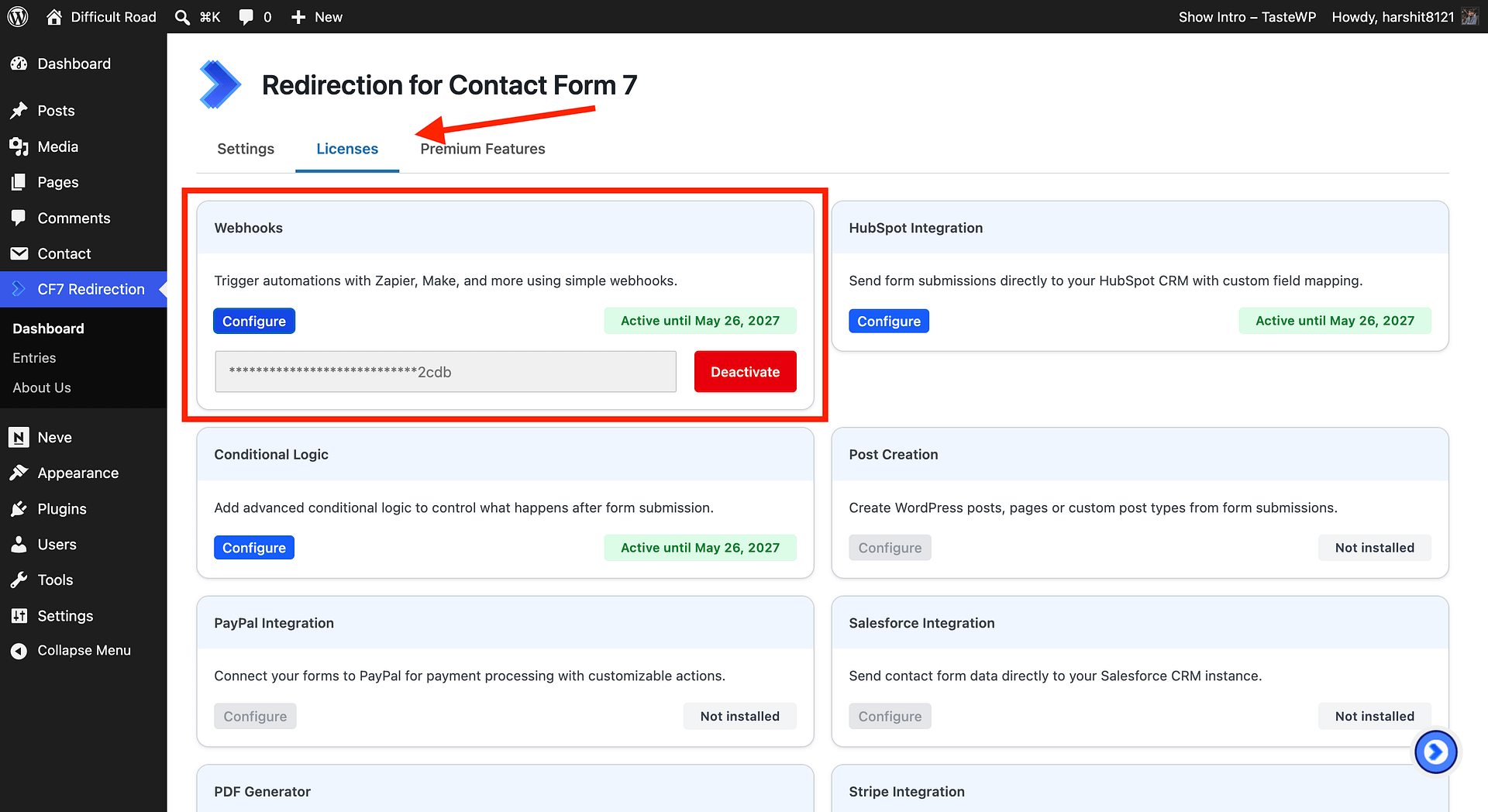 License activation screen showing the Webhooks addon license field