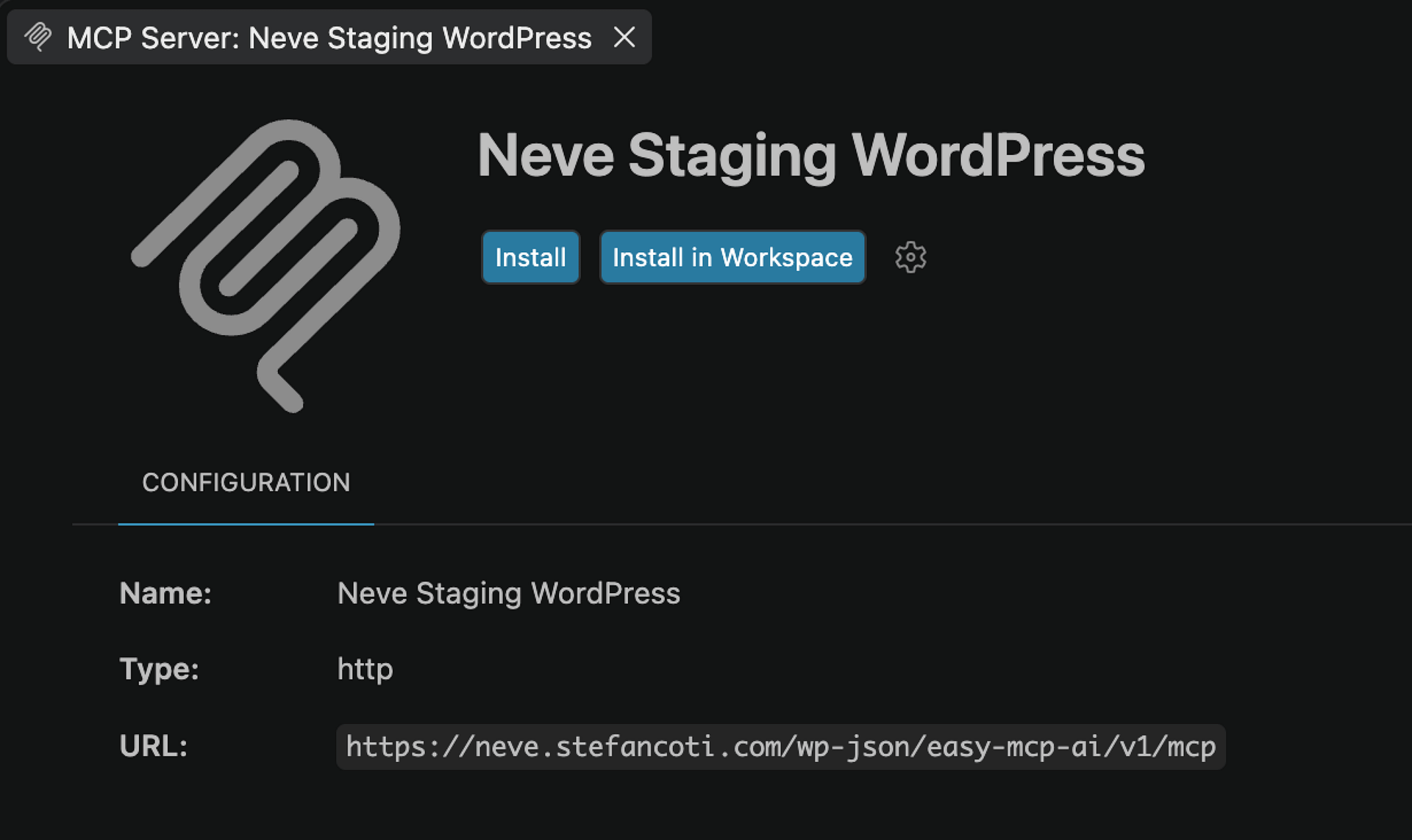 VS Code's MCP server install prompt showing the pre-filled WordPress server