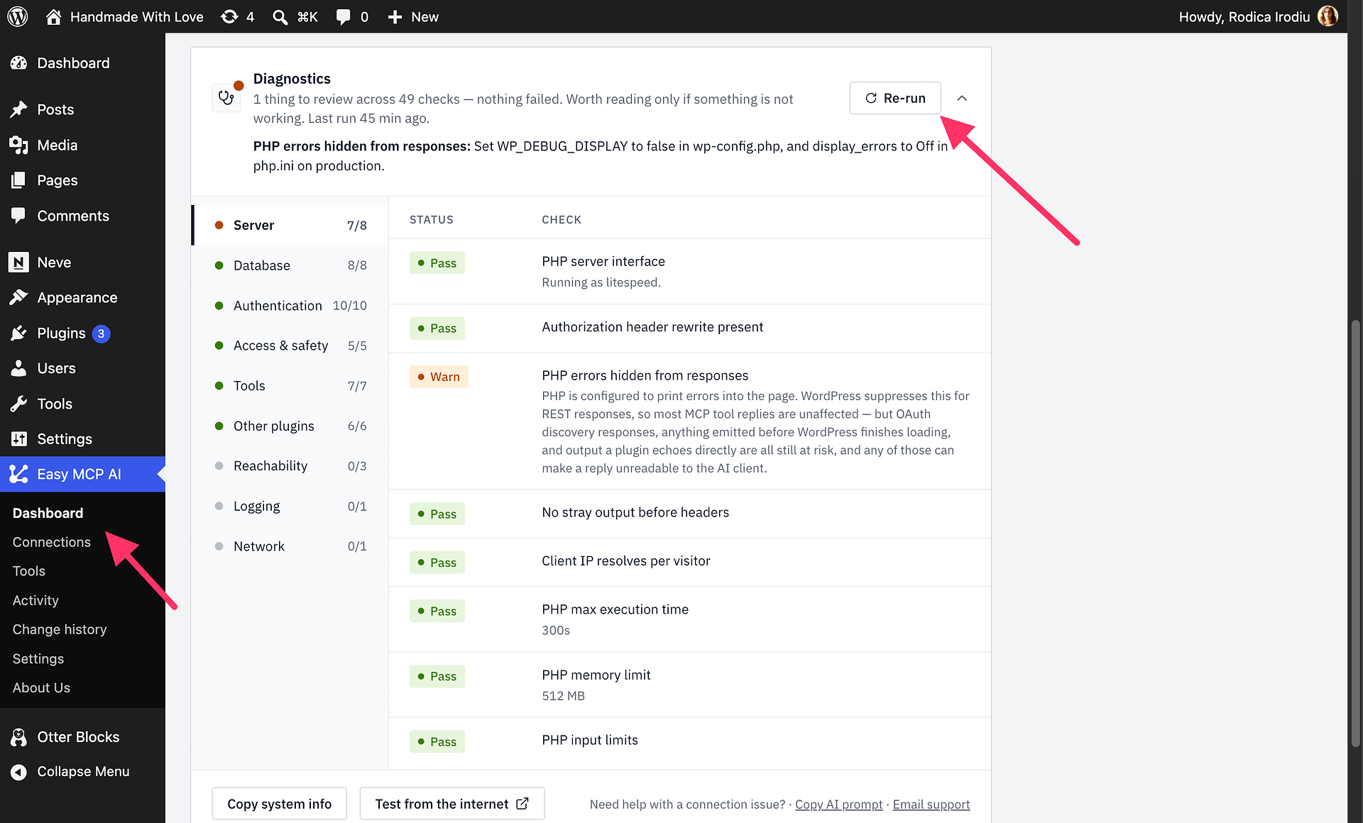 The Diagnostics card on the Easy MCP AI Dashboard with the Re-run checks button