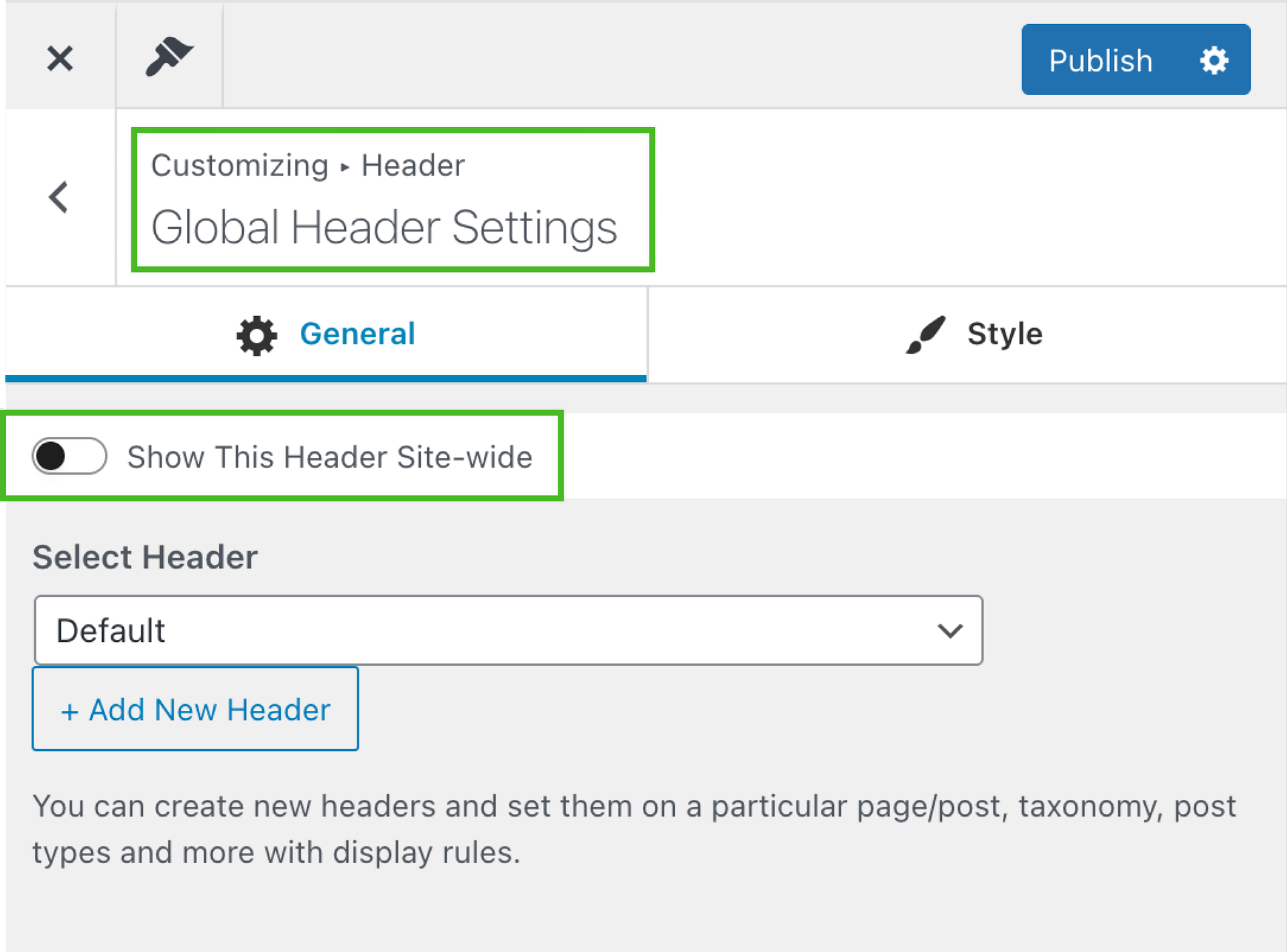 Neve global header options in the Customizer