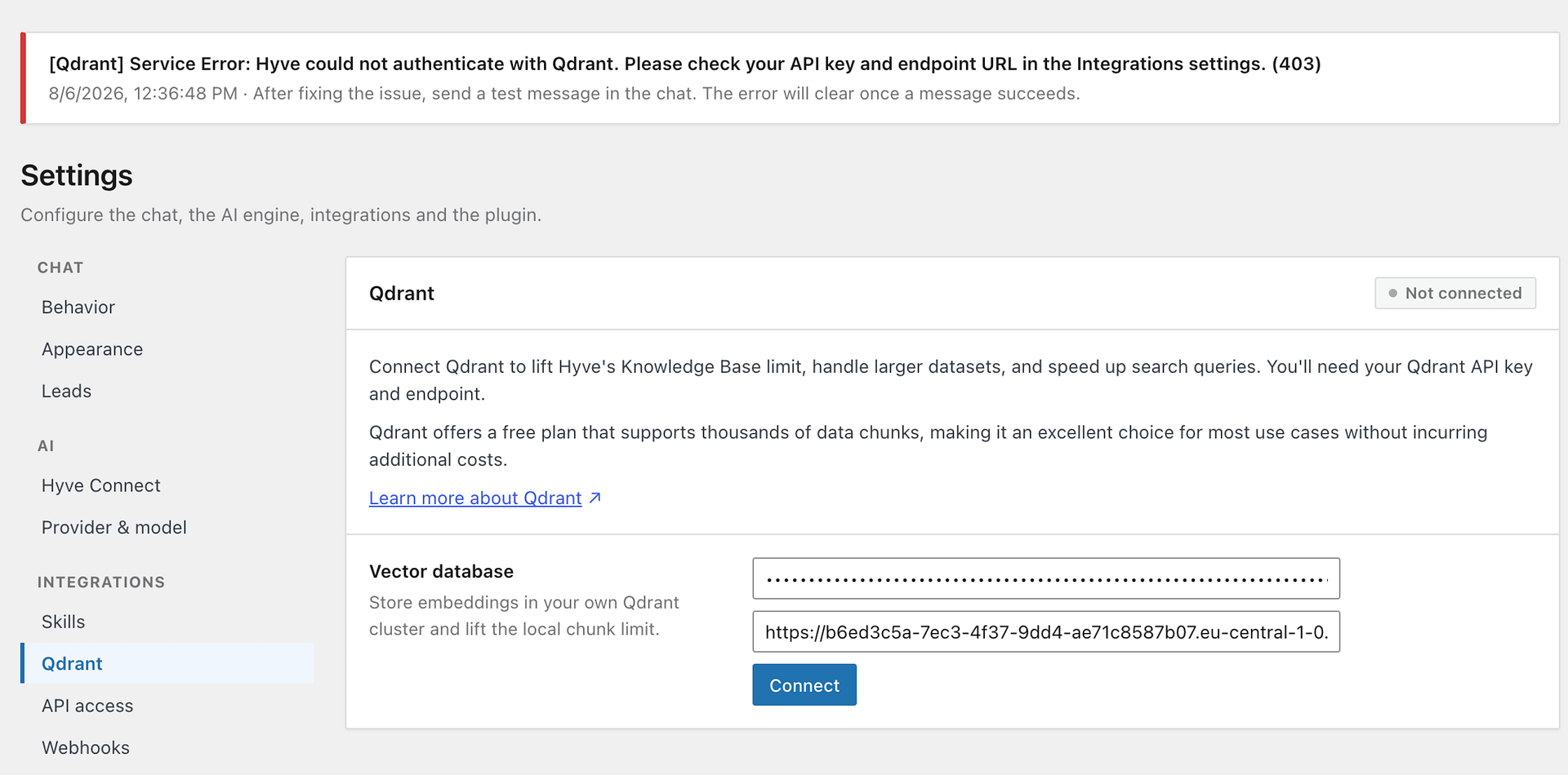 The Hyve admin notice for a Qdrant connection failing with incorrect credentials