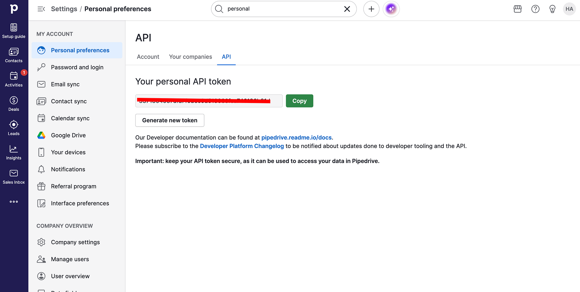 Pipedrive API token screen